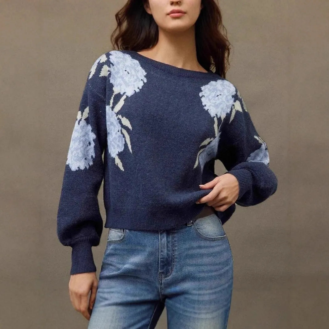 Women's sapphire blue off-neck pullover with floral jacquard pattern, loose casual fit with long sleeves