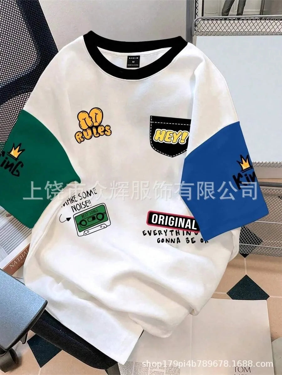 Printed loose fit short sleeve t-shirt with digital letter pattern on polyester fabric