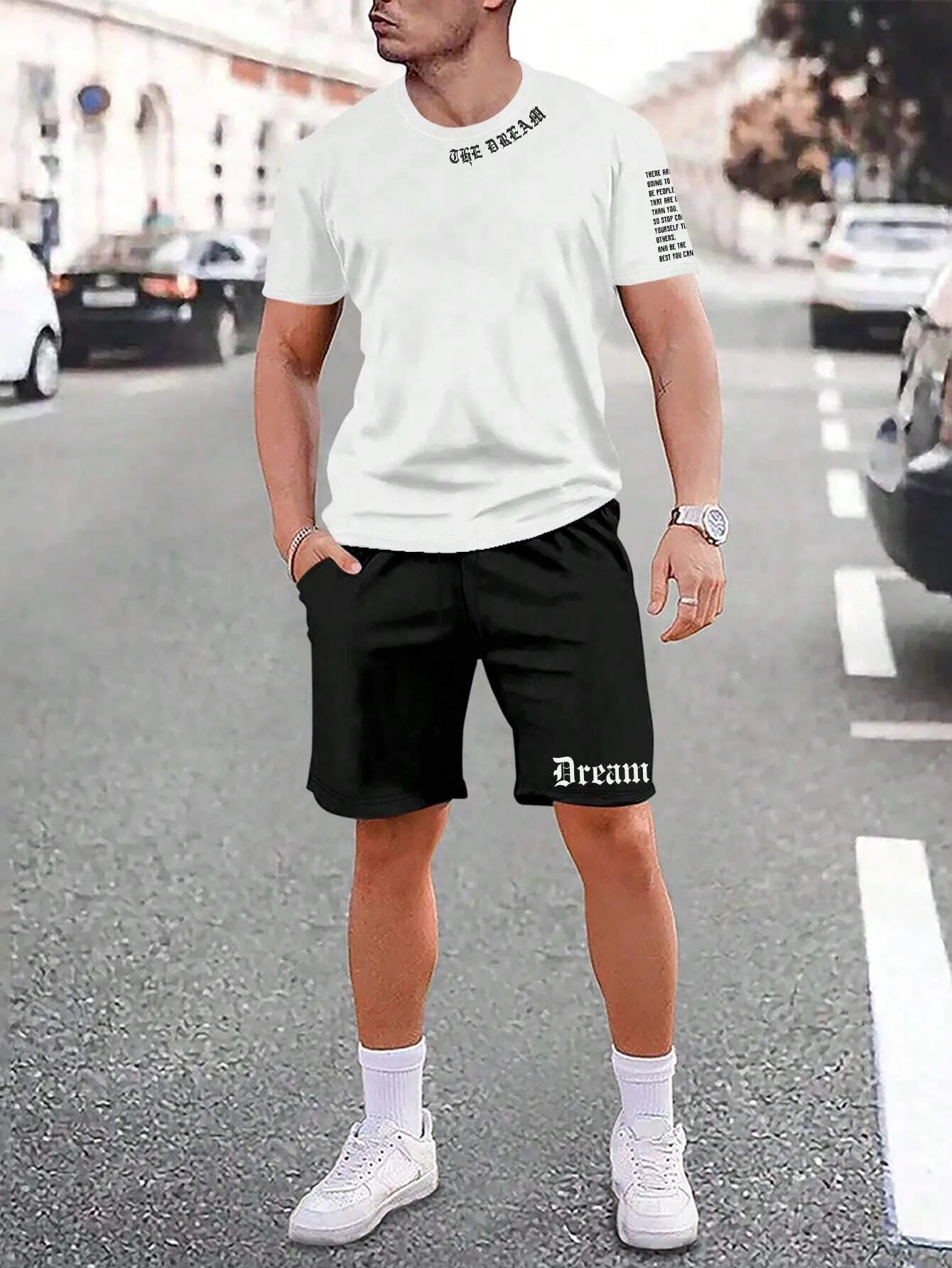 Men's blue short sleeve shirt and matching shorts casual sports outfit