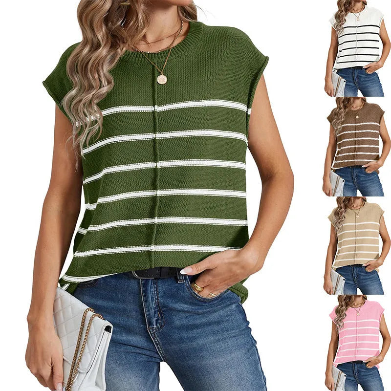 Women's striped sleeveless pullover top in acrylic knit, shown in multiple colour options.