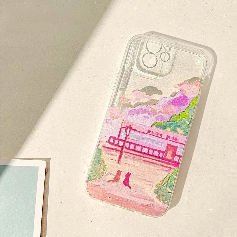 Soft silicone mobile phone case for iPhone featuring a colourful two-cat cartoon design on the back.