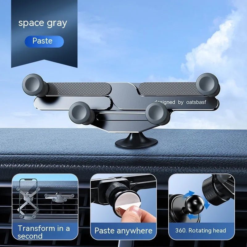 Invisible aluminum alloy car mobile phone holder showing knob air vent clip and adhesive paste mounting options.