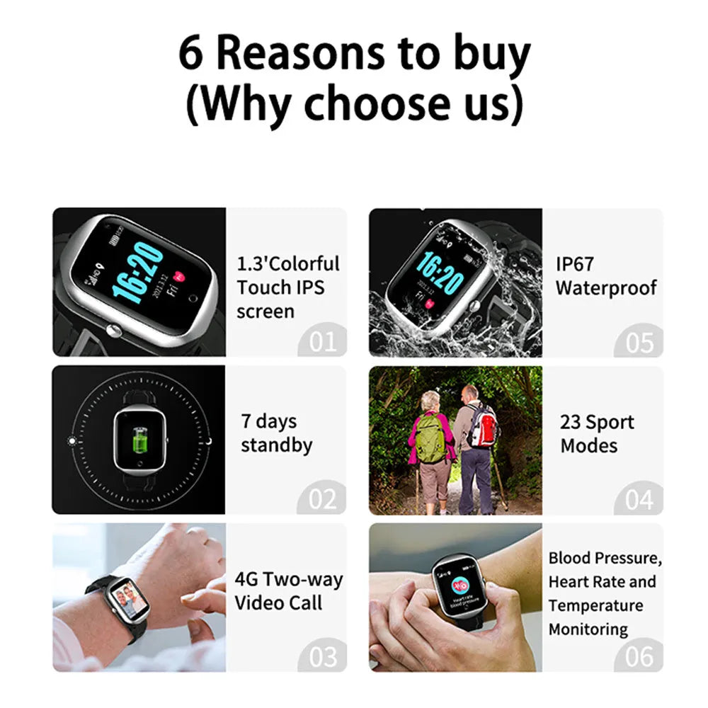 Square screen elderly phone watch with silicone strap in black, blue, or silver colour options
