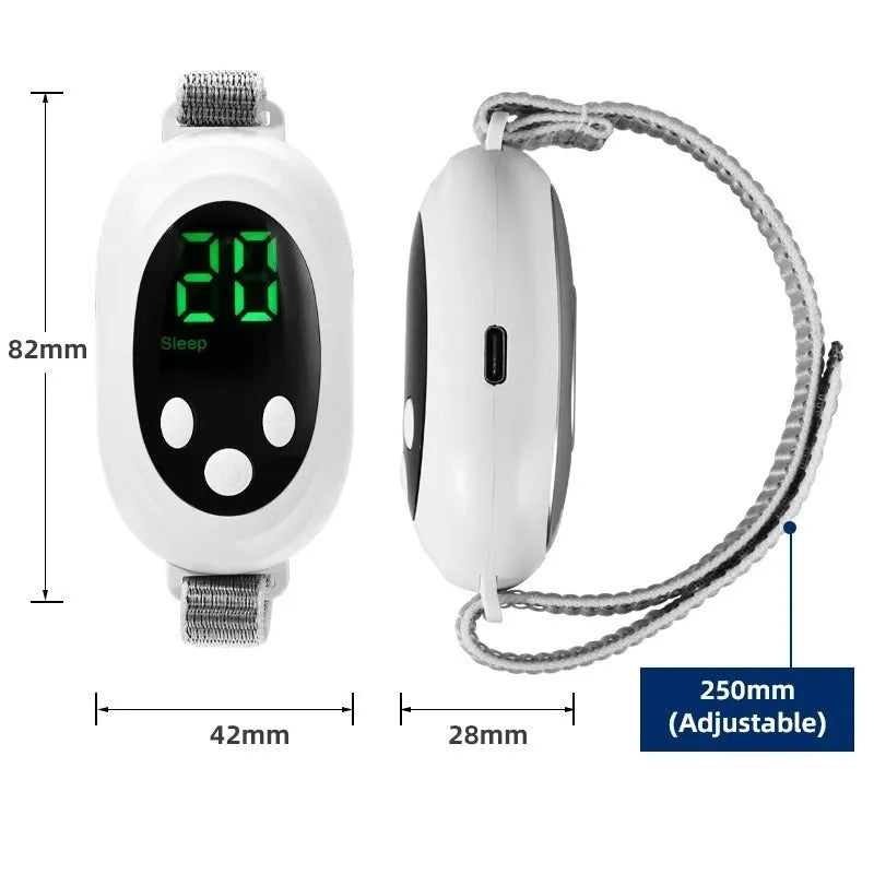 White handheld sleep aid device with remote control and wearable bracelet on charging cable