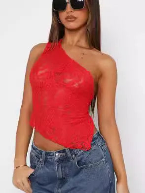 Women's slim fit lace backless sleeveless top with asymmetrical neckline in solid colour