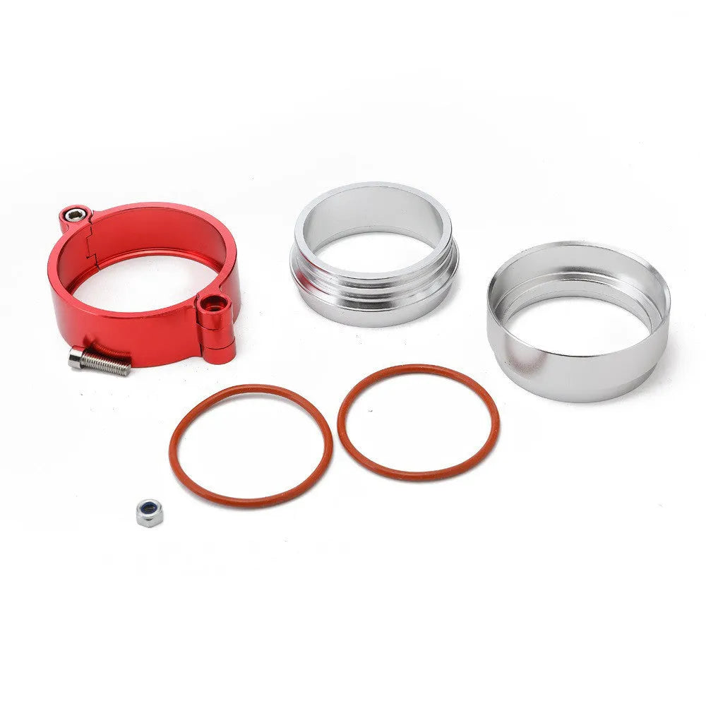 Aluminium fixed movement exhaust clamp for turbo applications in black, blue, or red.