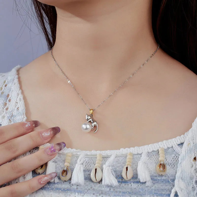 Sterling silver cat charm clavicle necklace with pearl bead options