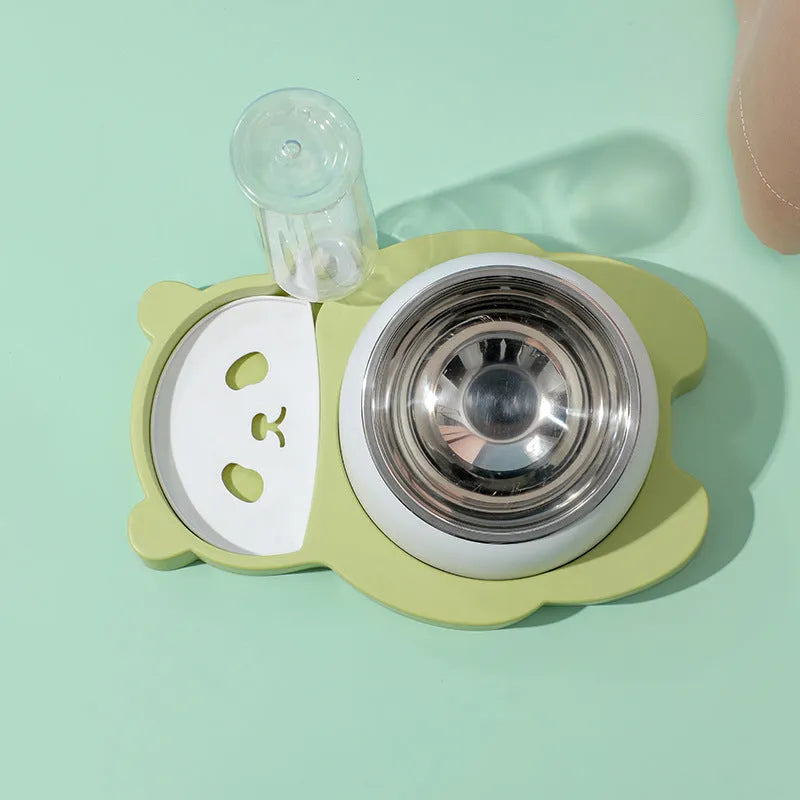 Panda-shaped pet feeder with tilted raised bowls and automatic water dispenser bottle