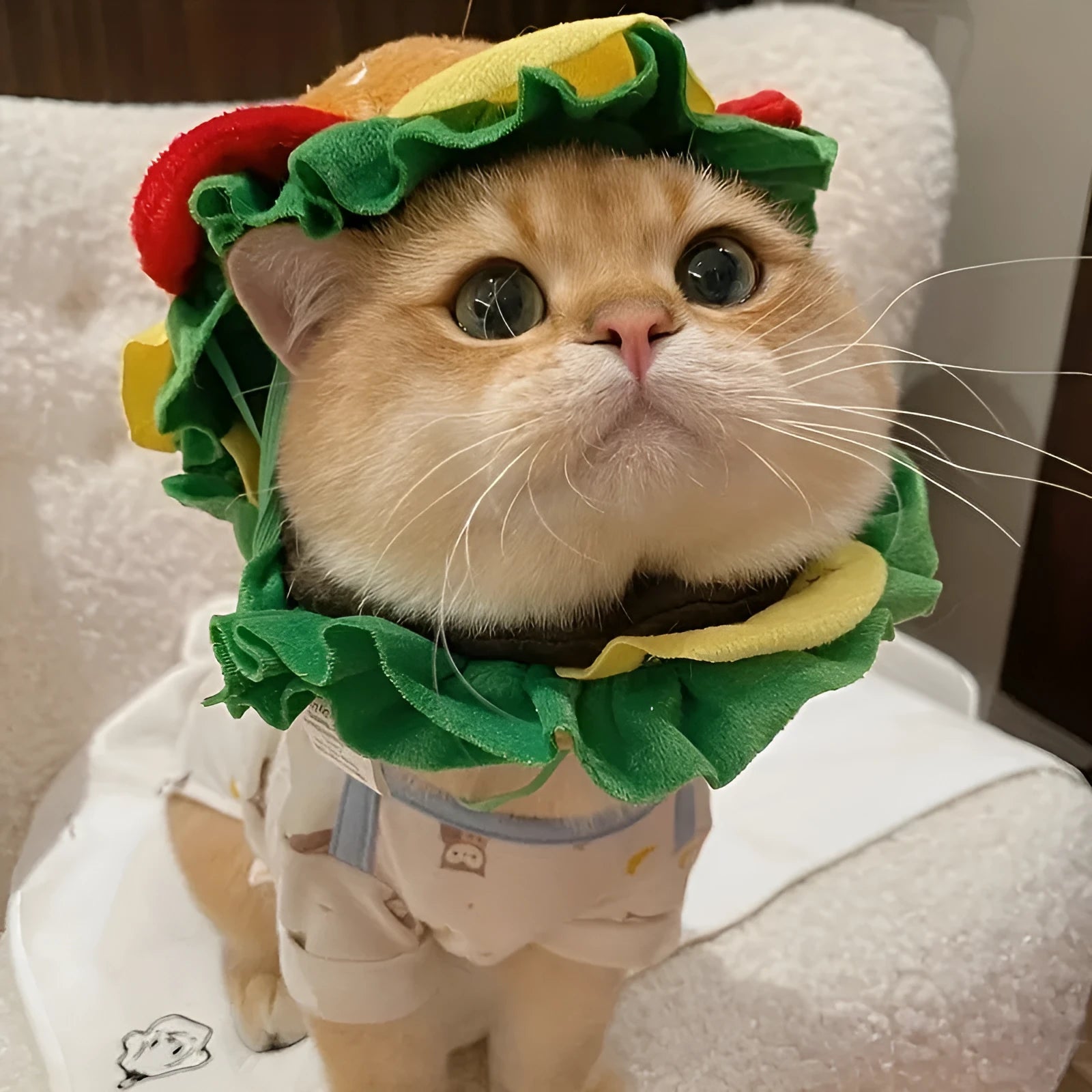 Burger-shaped cat headdress collar in three sizes with soft foam lining and adjustable fastening