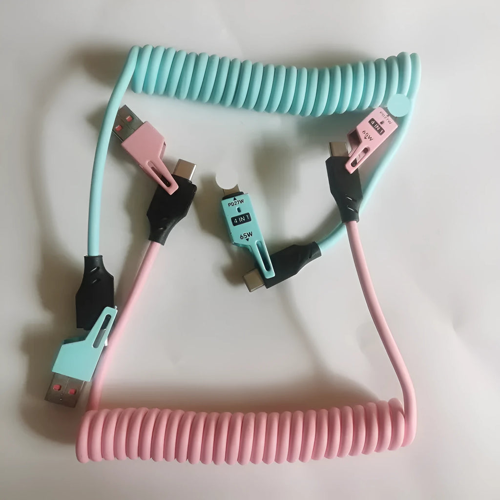 Spring Mech four-in-one flexible silica gel data cable with Lightning Micro USB and TYPE-C connectors, blue colour