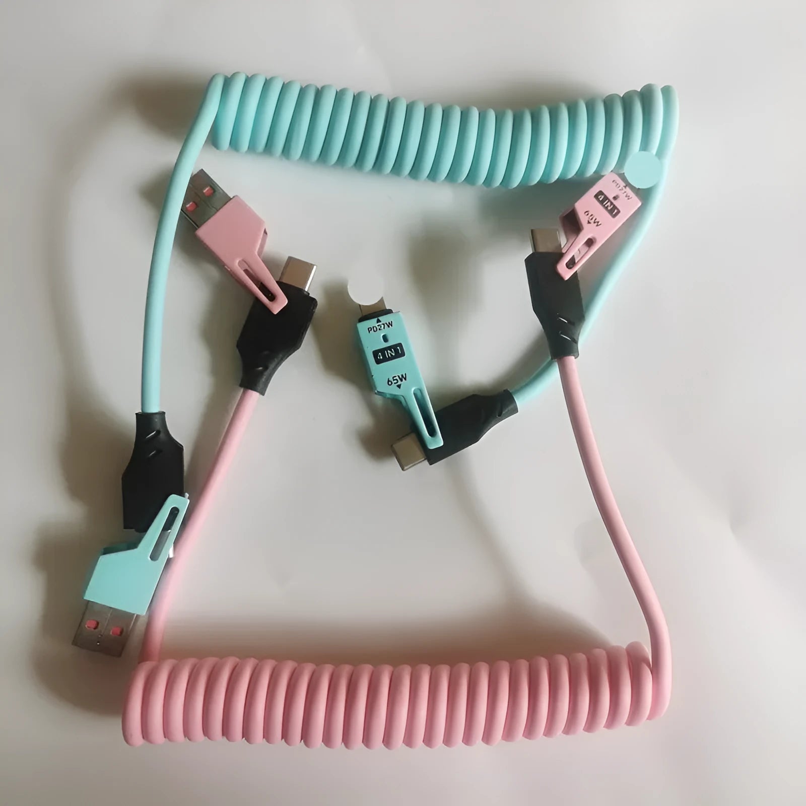 Spring Mech four-in-one flexible silica gel data cable with Lightning Micro USB and TYPE-C connectors, blue colour