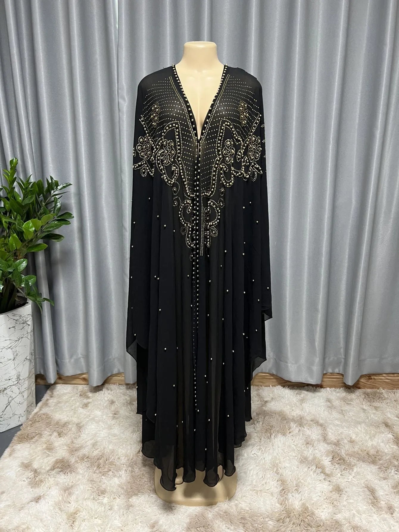 Purple chiffon shawl with rhinestone beading along edge showing draped styling