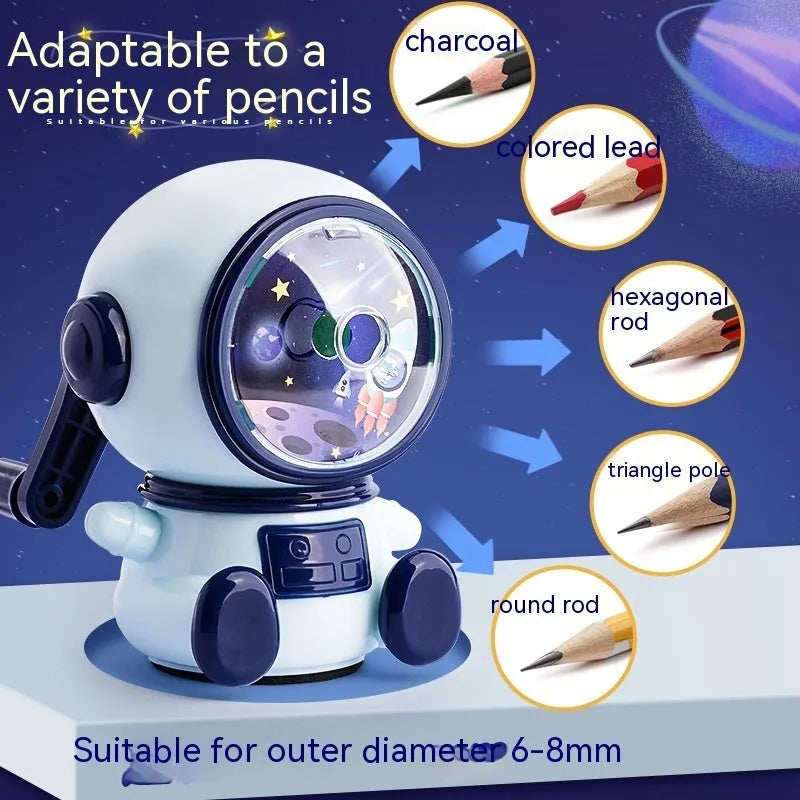 Astronaut-themed manual pencil sharpener in blue or pink with adjustable three-level system