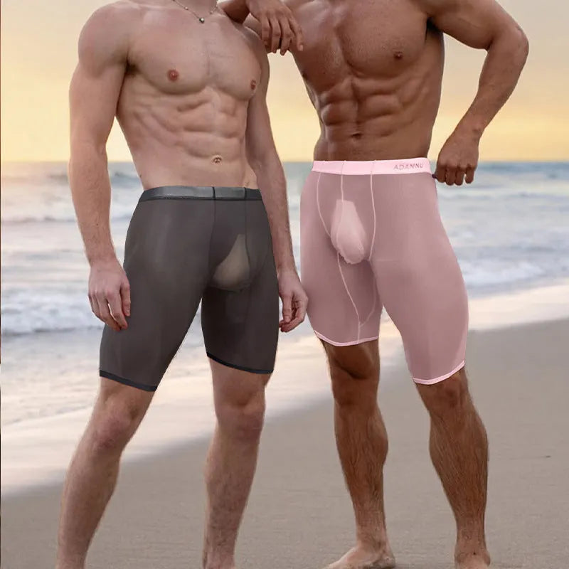 Man wearing black seamless knitted nylon mesh shorts with a hip lifting design.
