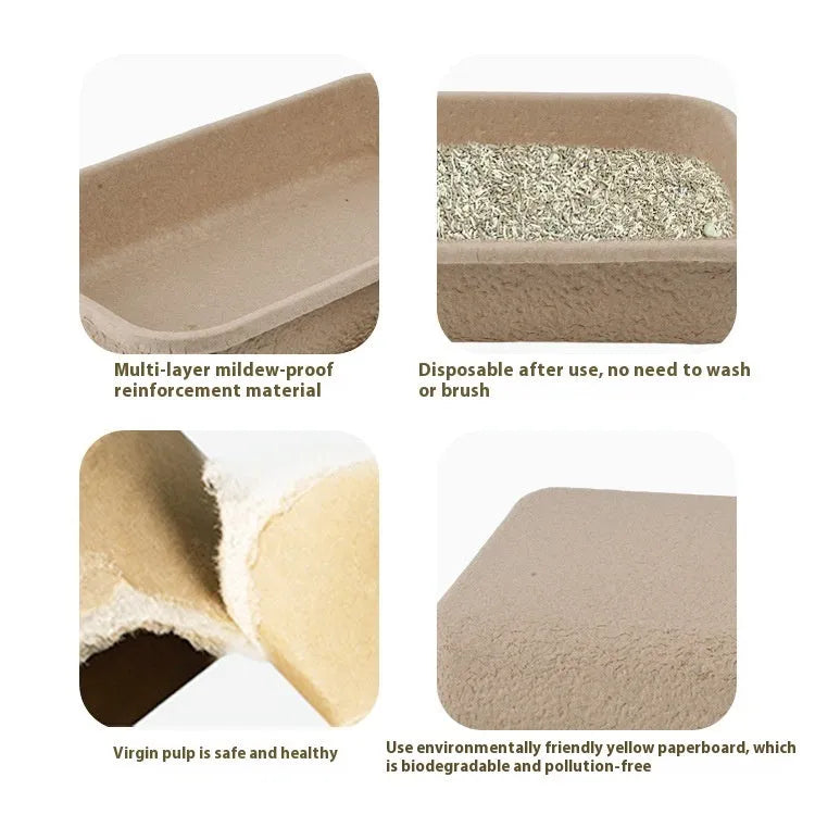 Brown biodegradable disposable cat litter box showing three size options.