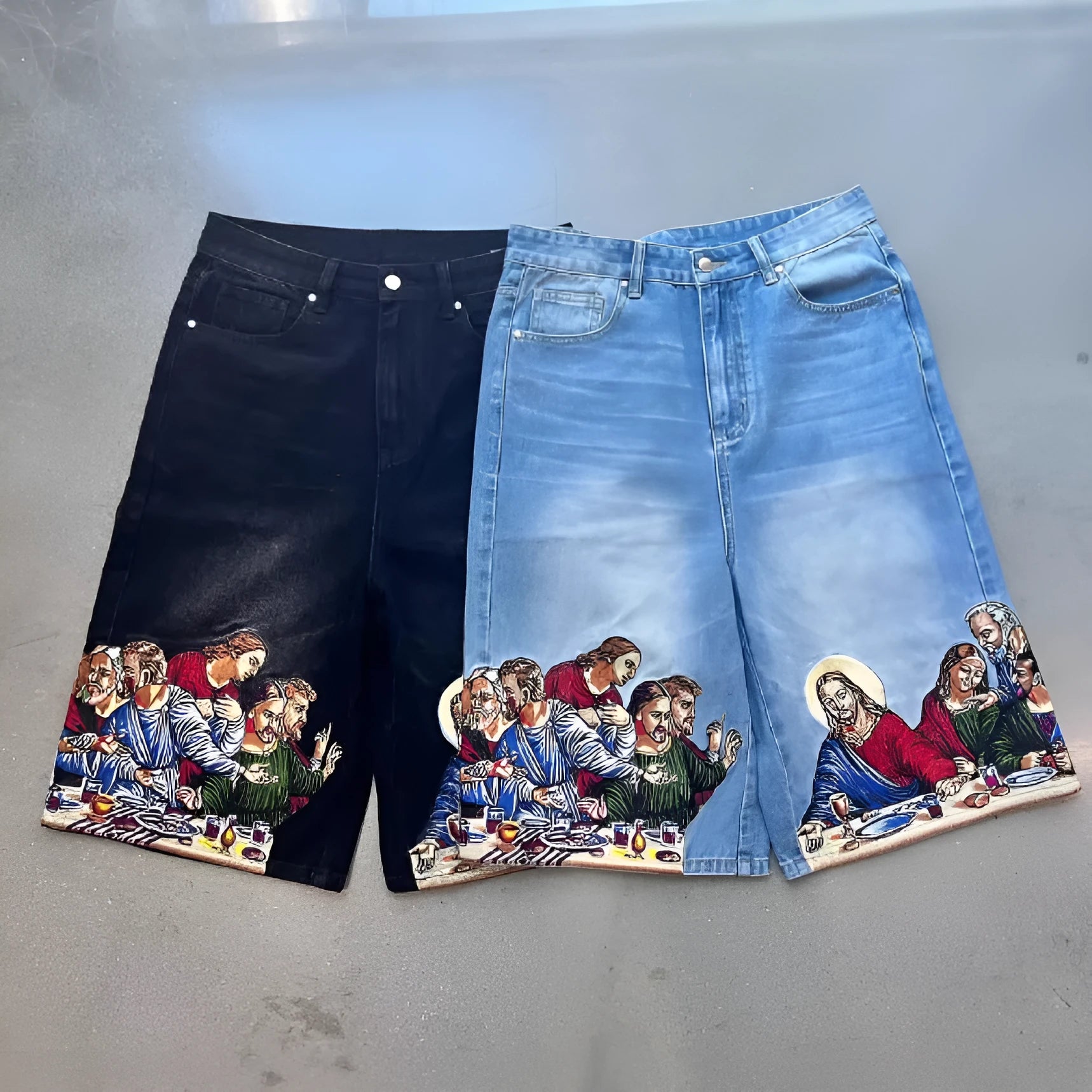 Men's blue cotton tapered shorts with Jesus printed back pocket detail