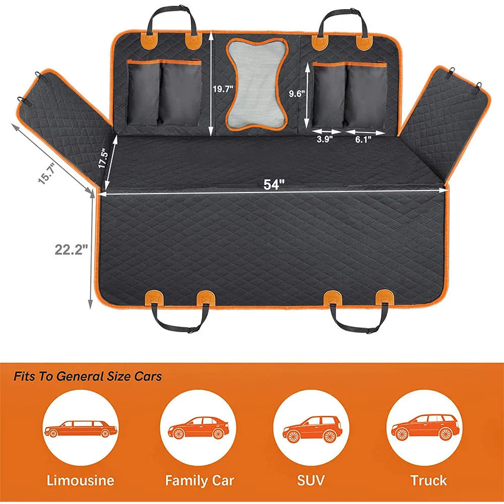 Black dog car seat cover with orange trim, shown fitted as a hammock in a vehicle rear seat.