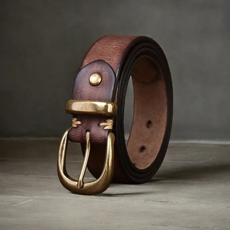 Men's casual cowhide leather belt with copper pin buckle in black, brown, or khaki