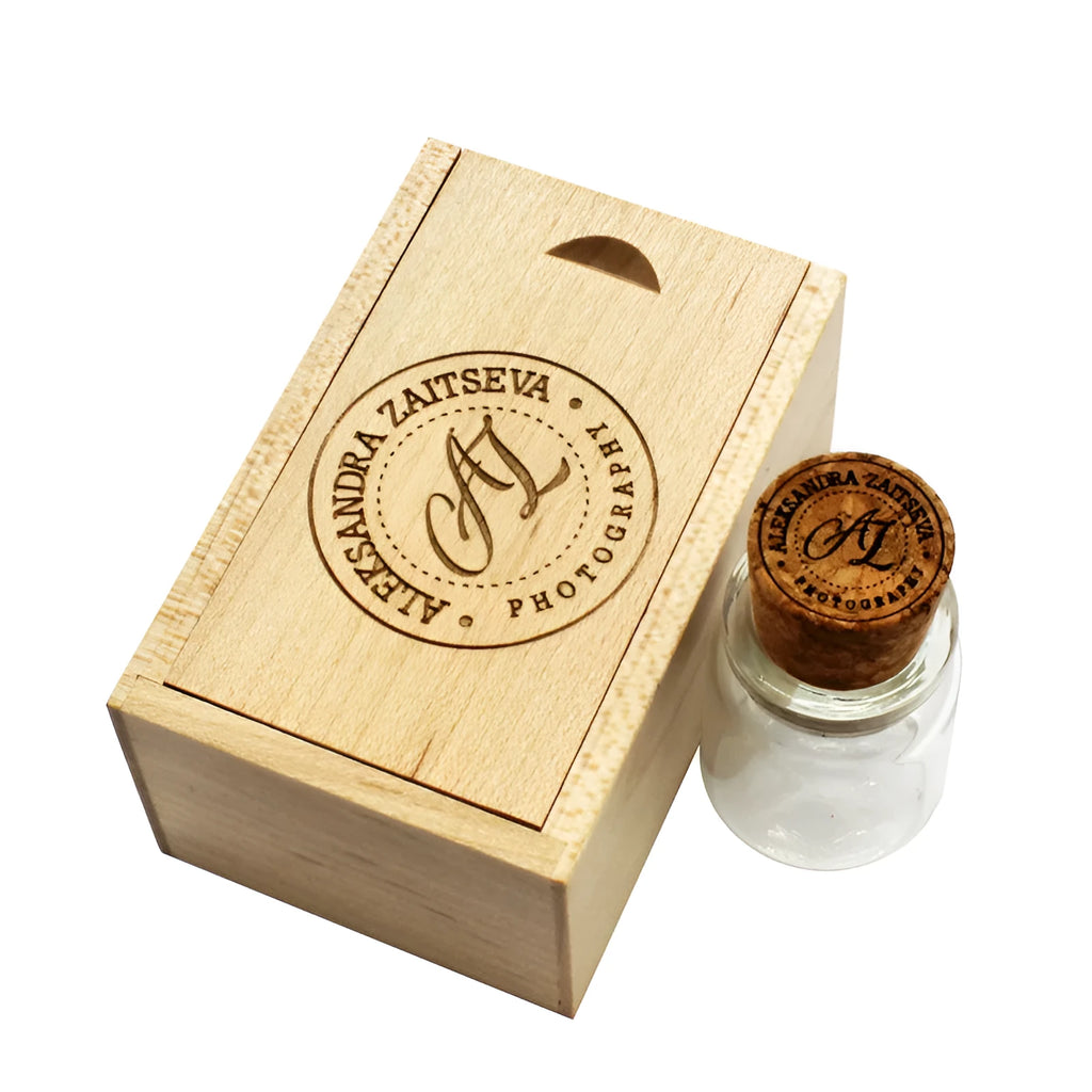 Personalised wooden USB flash drive in drift bottle storage disk shape with chocolate wood finish