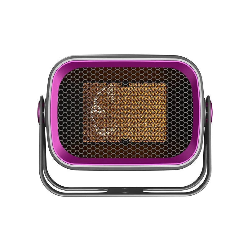 Compact white desktop electric heater with rotatable grill on a wooden table.