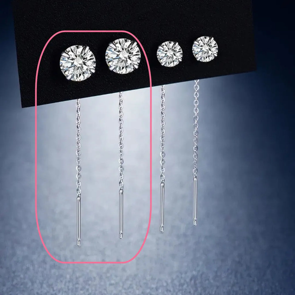 Sterling silver threaded charm earrings showing twelve design variations including pearls, zircon, clay balls, and geometric shapes