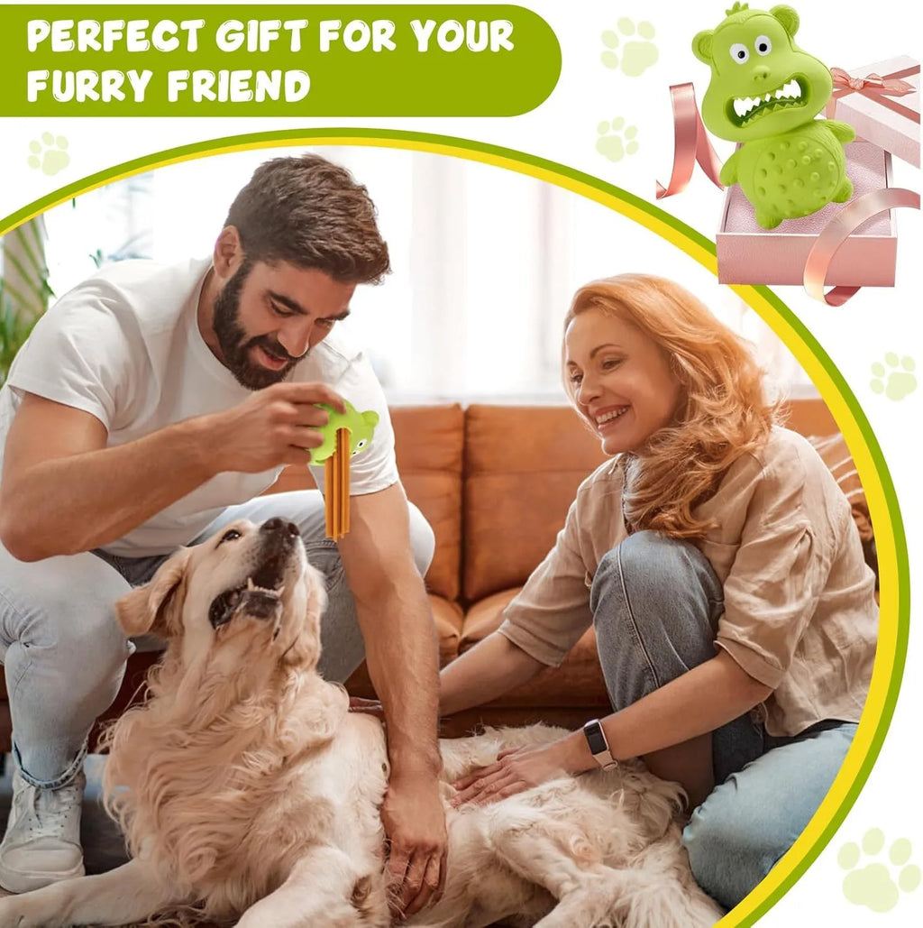Green and yellow natural rubber squeaky dog chew toy for aggressive chewers.
