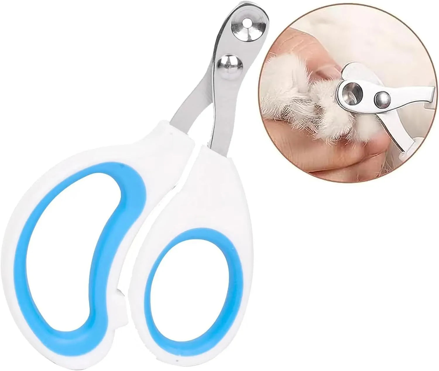 Blue pet nail clippers with circular cutting hole and cushioned non-slip handles on a white background.