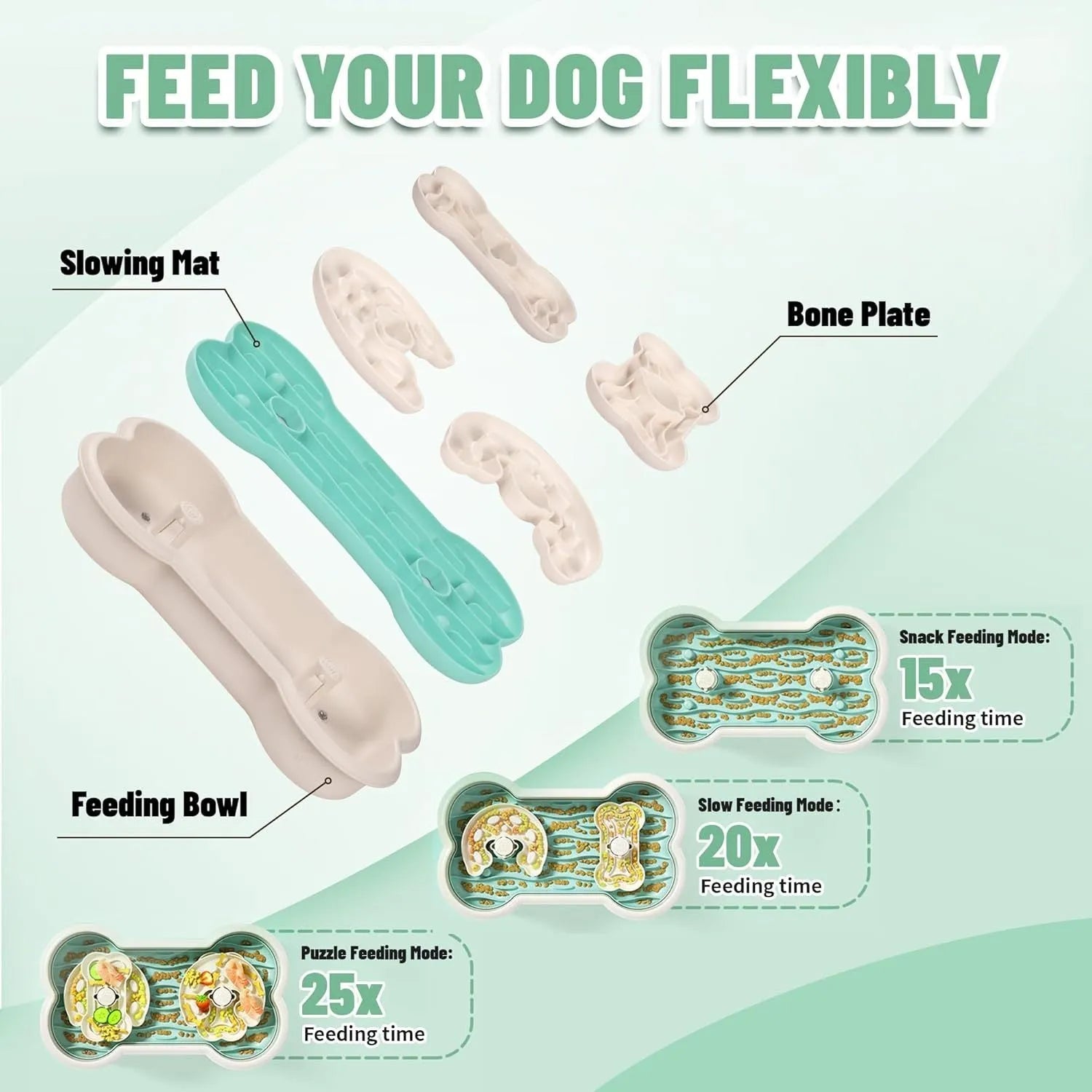 Large green slow feeder dog bowl with three rotating puzzle trays and non-slip suction cups on base