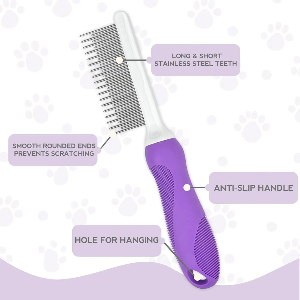 Purple pet grooming comb with stainless steel long and short teeth for detangling dog and cat hair