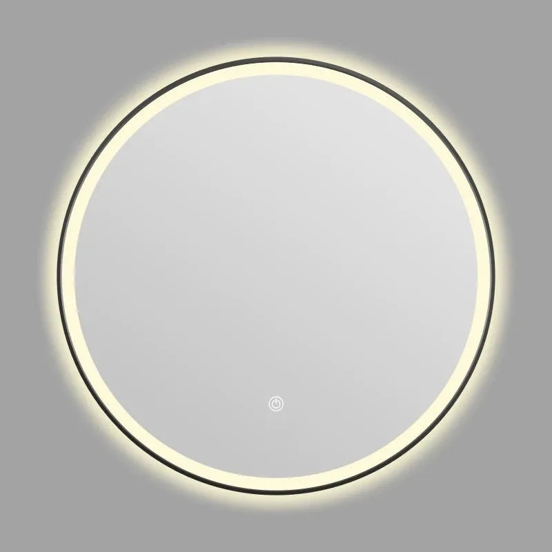 Black frame round smart LED bathroom mirror with touch control mounted on wall