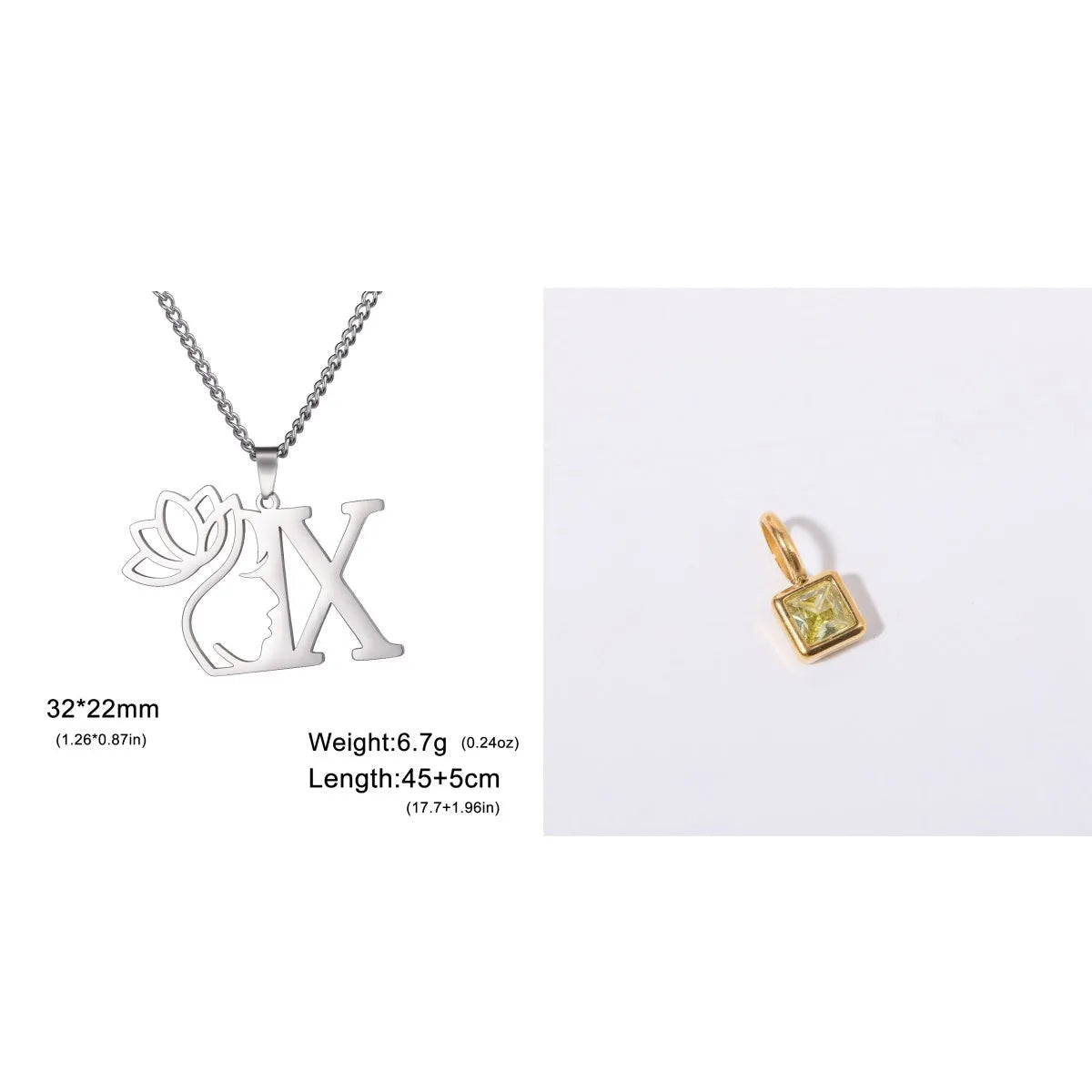 Stainless steel necklace with cross chain and a single initial letter pendant in gold tone.