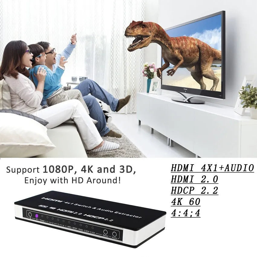 Black HDMI 4x1 switch with remote control for home theatre video switching