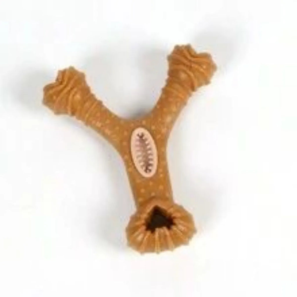 Dog chew toy bone in durable rubber showing 8 shape and Y shape options for teeth cleaning