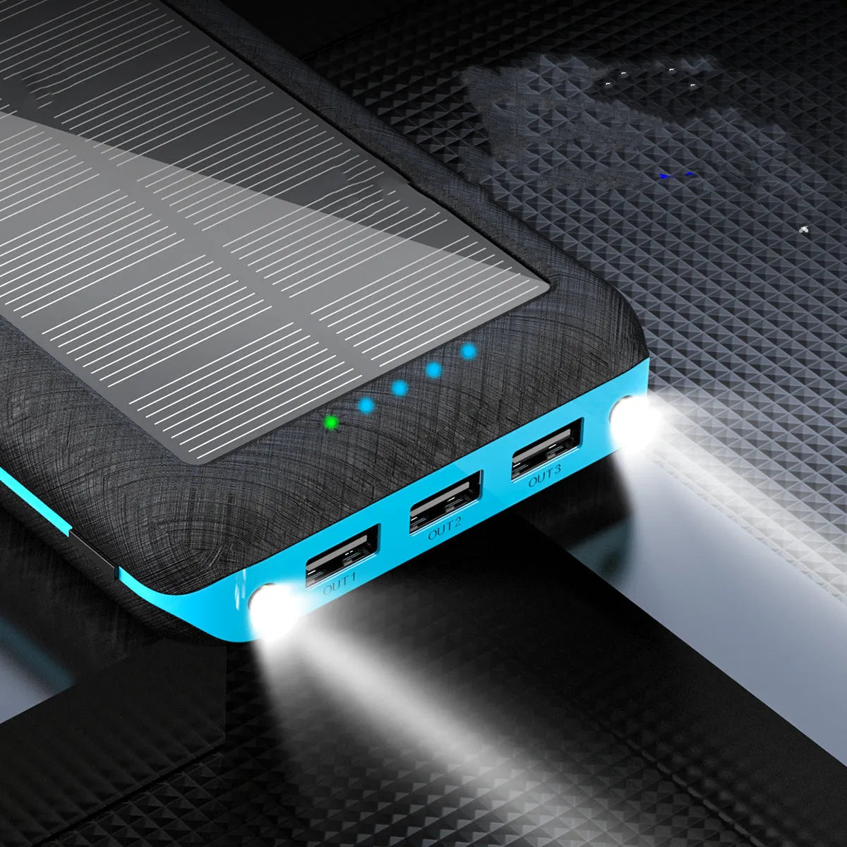 Black wireless solar power bank with Qi charging pad, three USB ports and an LED flashlight