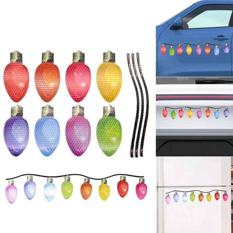Set of magnetic reflective Christmas light bulb and wire stickers on a metal surface.