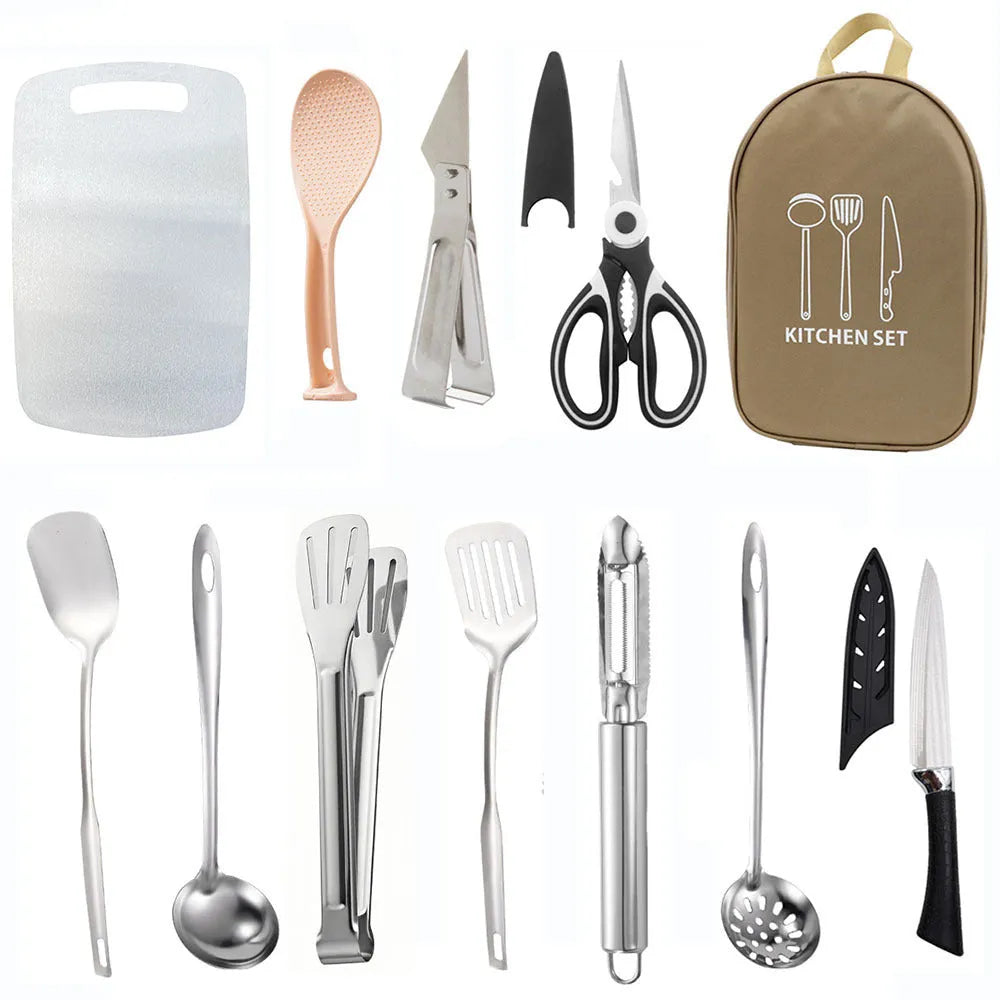 12-piece stainless steel portable picnic kitchenware set in a khaki storage bag.