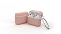 Silicone clamshell case for Apple AirPods with a metal buckle, shown in various colours.