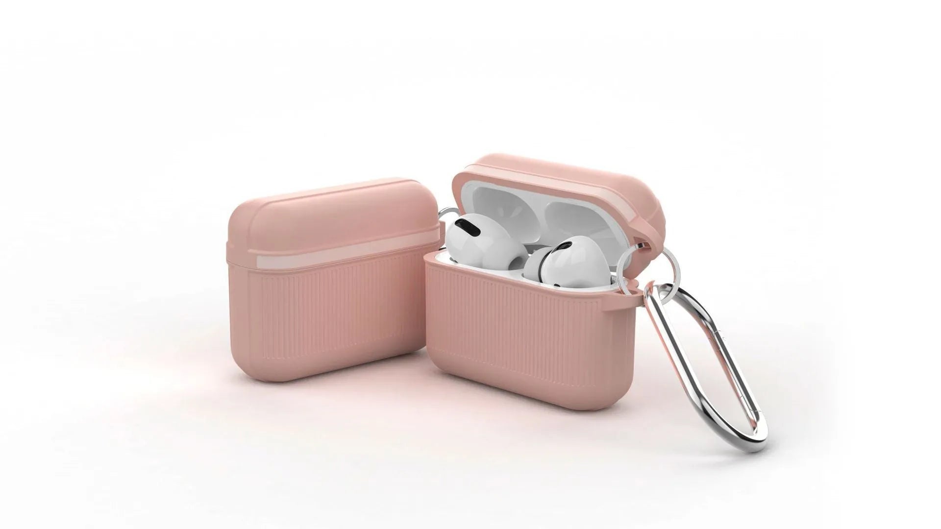 Silicone clamshell case for Apple AirPods with a metal buckle, shown in various colours.