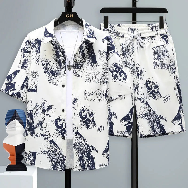 Men's casual two-piece shorts set in polyester, showing short-sleeve top and matching shorts.
