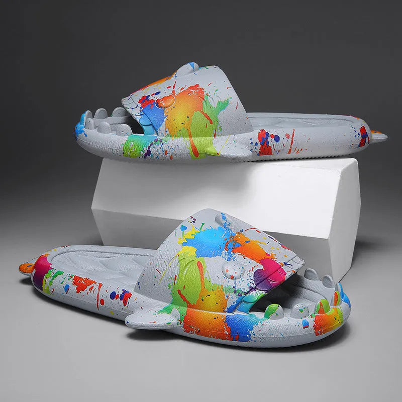 Shark-themed couple slippers with open toe design and EVA upper in multiple colour options