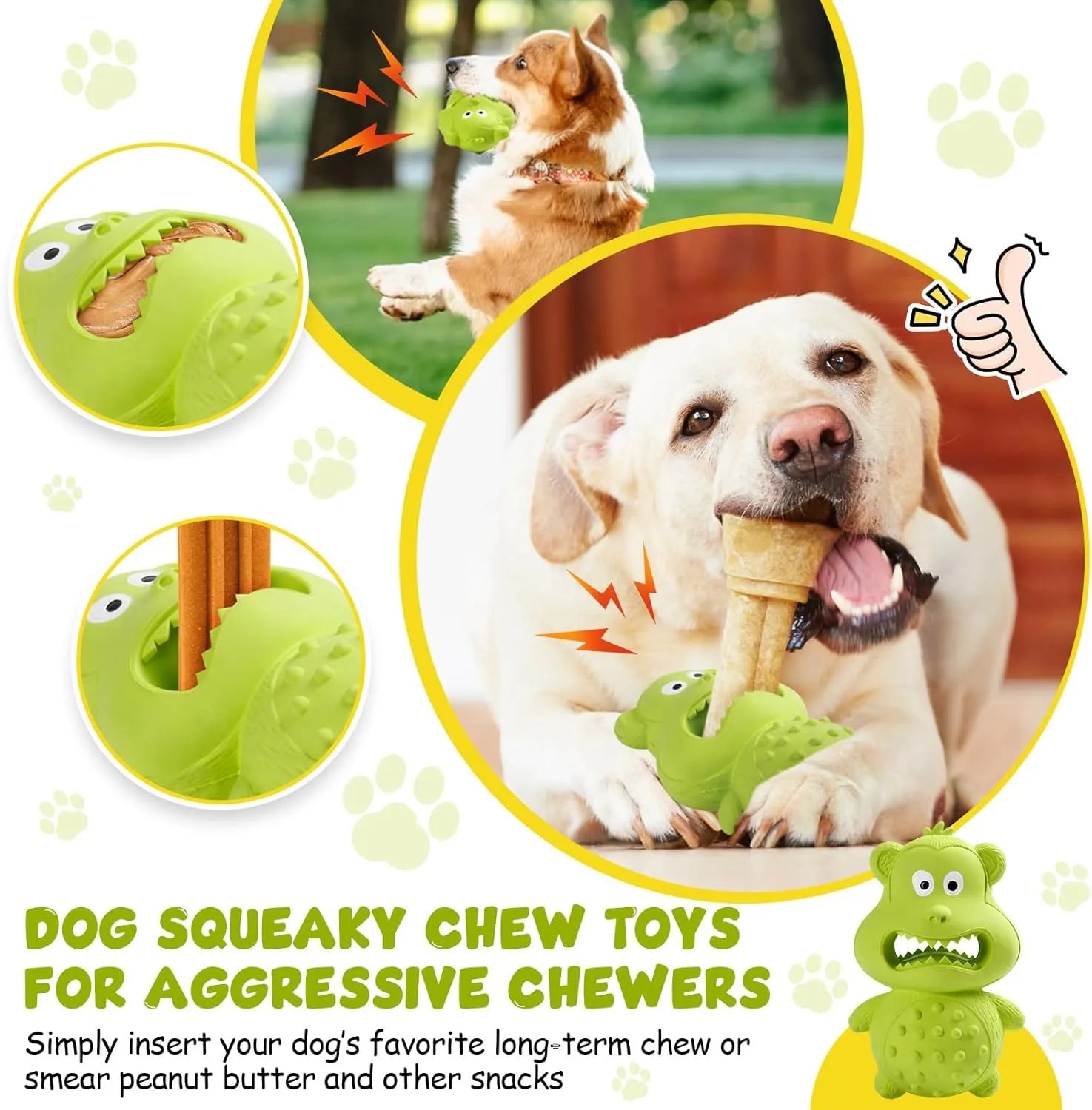 Green and yellow natural rubber squeaky dog chew toy for aggressive chewers.