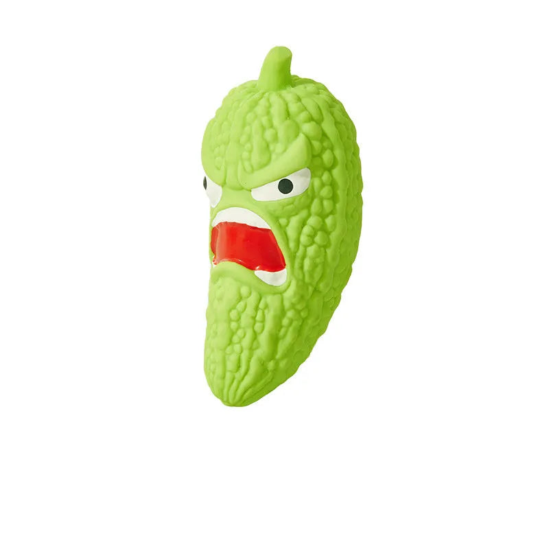 Green bitter melon or red chili shaped dog chew toy with squeaker for dental care and play.
