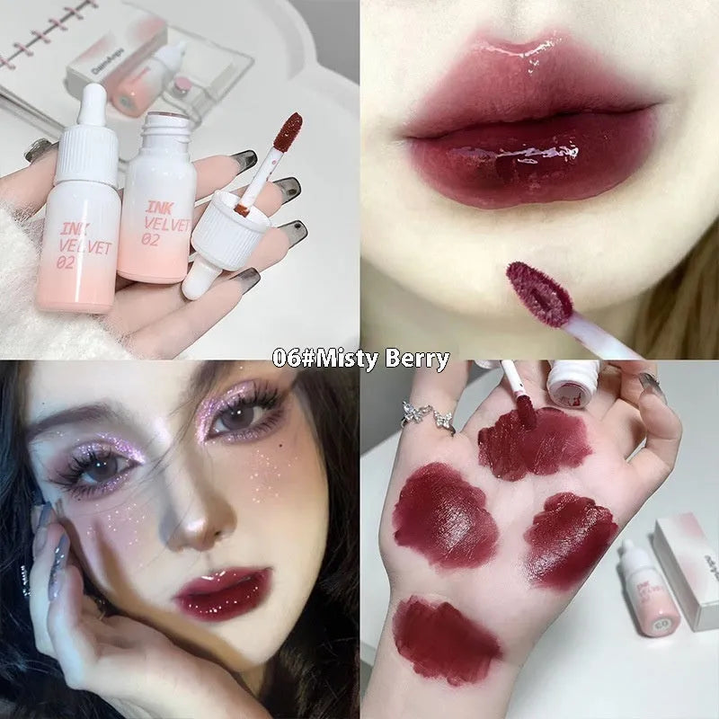 Mirror Lip Lacquer tube in 3.5g size showing four shade options from Milk Huhoo series
