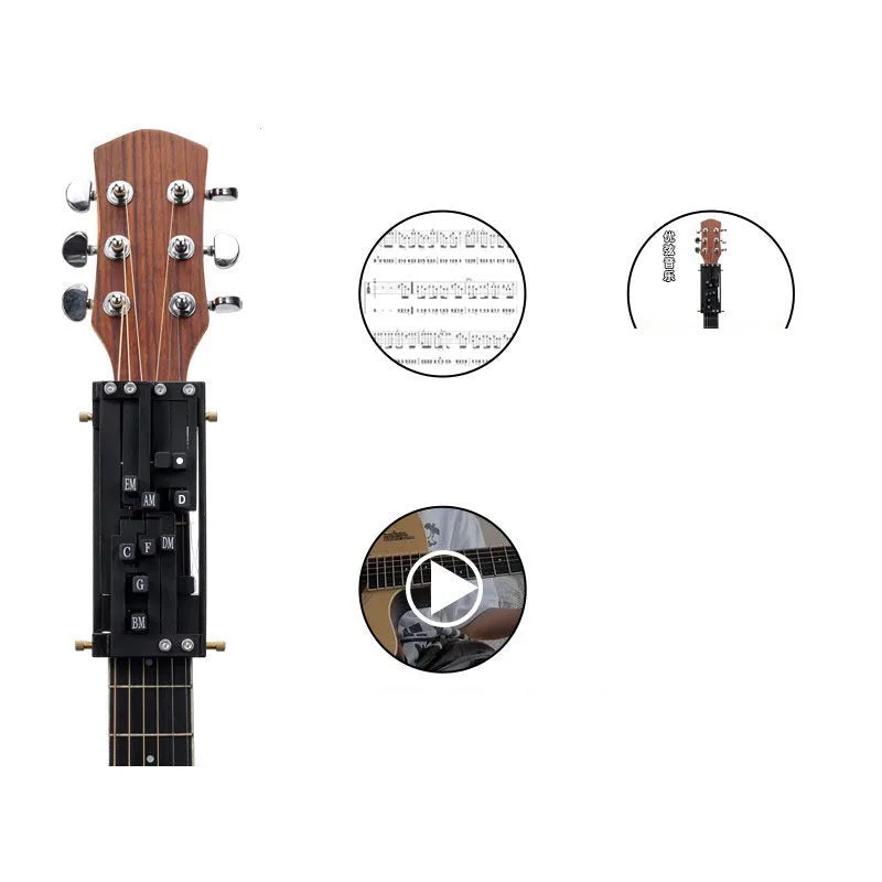 Automatic chord practice gear device for folk guitar playing with second chord support