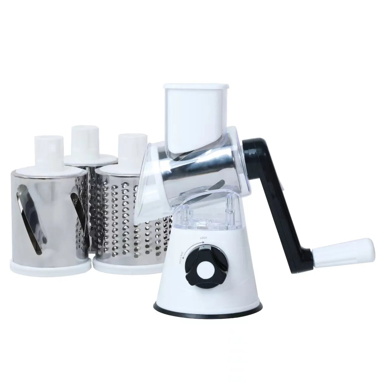 Multifunction vegetable chopper with round slicer graters and suction cup base in blue/green/red/white