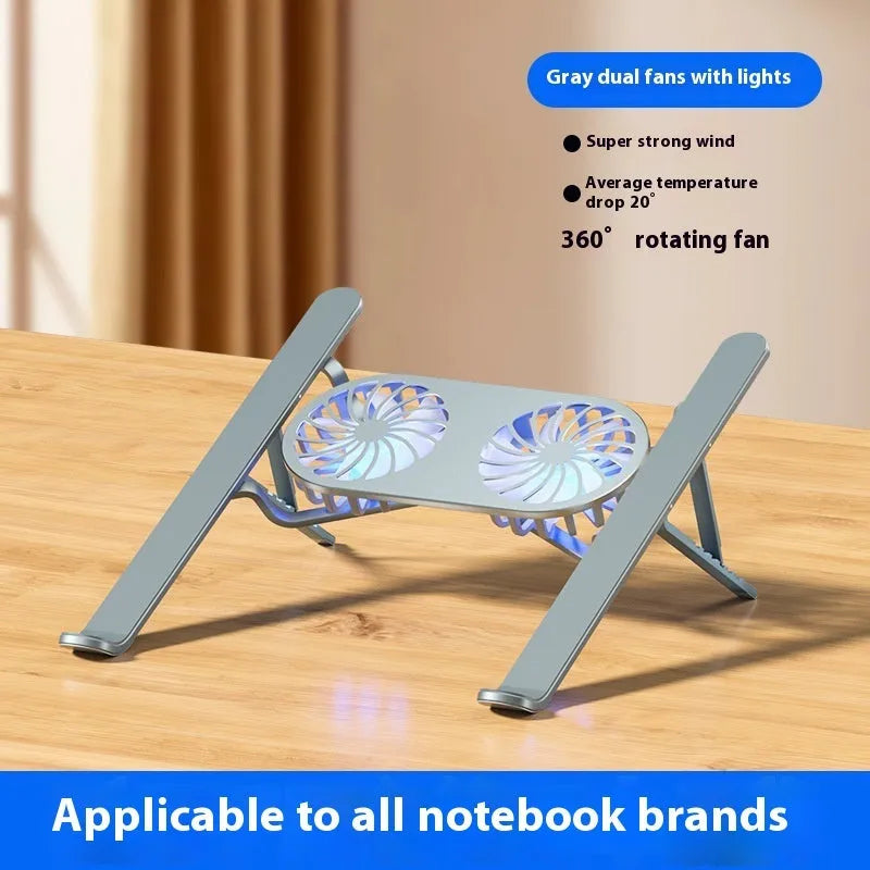 Silver aluminium laptop cooling stand with twin fans in folded and unfolded positions