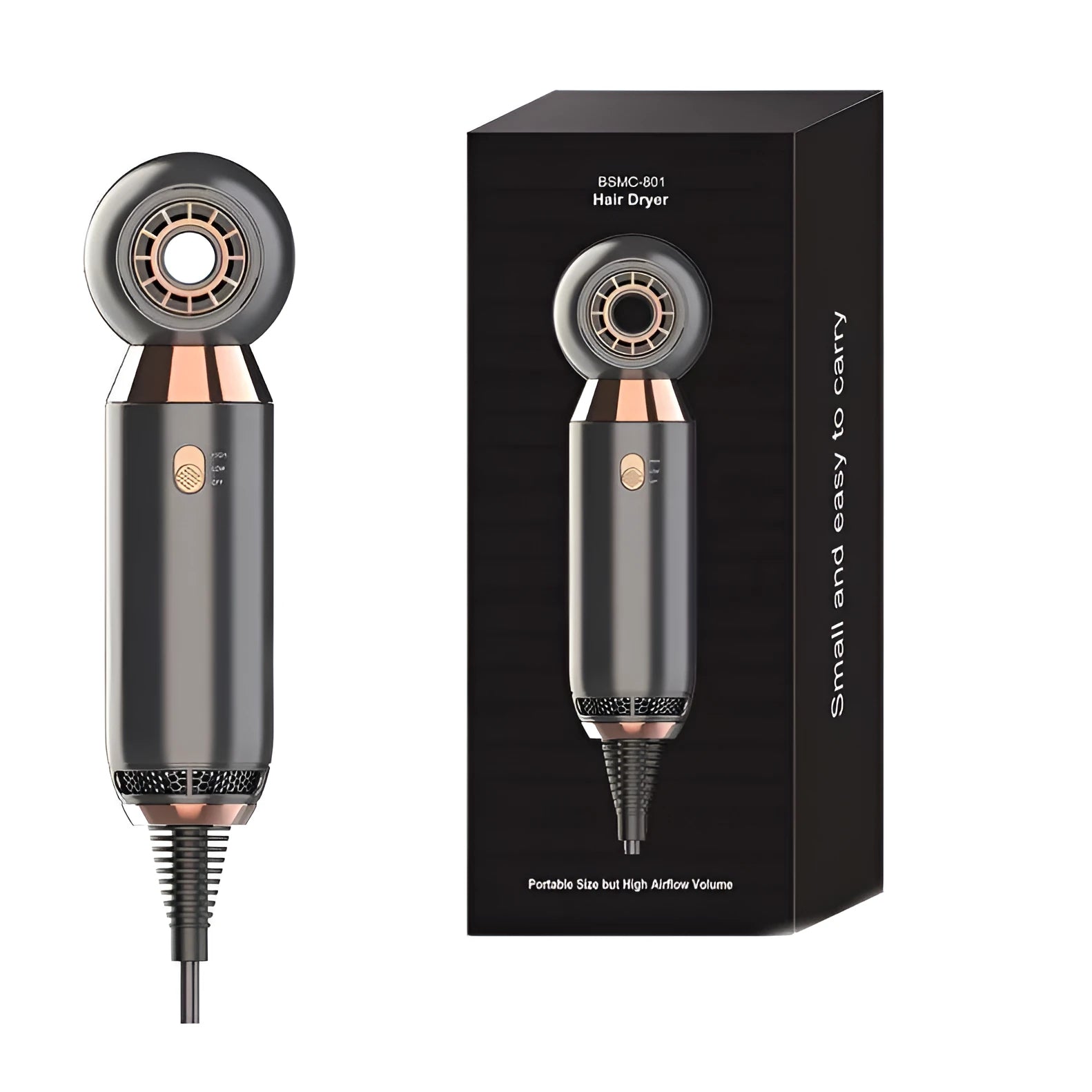 Compact 800W hair dryer with diffuser accessory showing 20cm length design