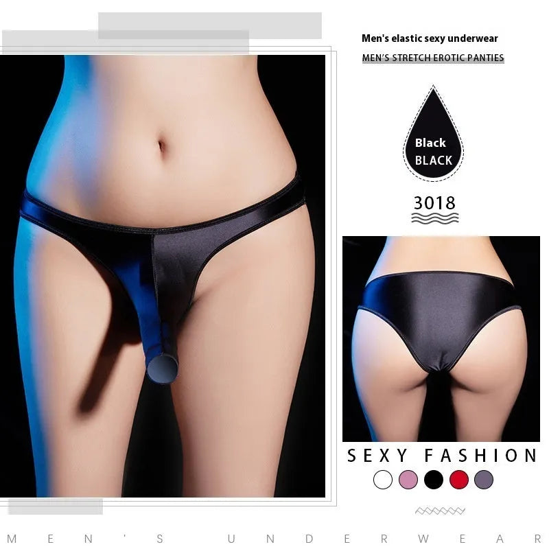 Men's shiny black low waist T-back underwear laid flat, showing the back design.