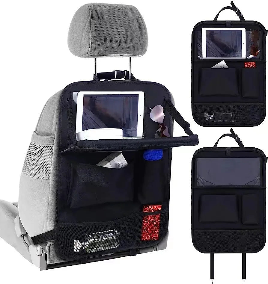 Black oxford cloth car seat back storage bag measuring 42x30cm