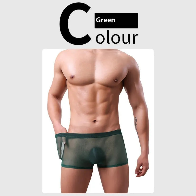 Men's mesh boxer briefs in breathable polyester fabric with low waist design